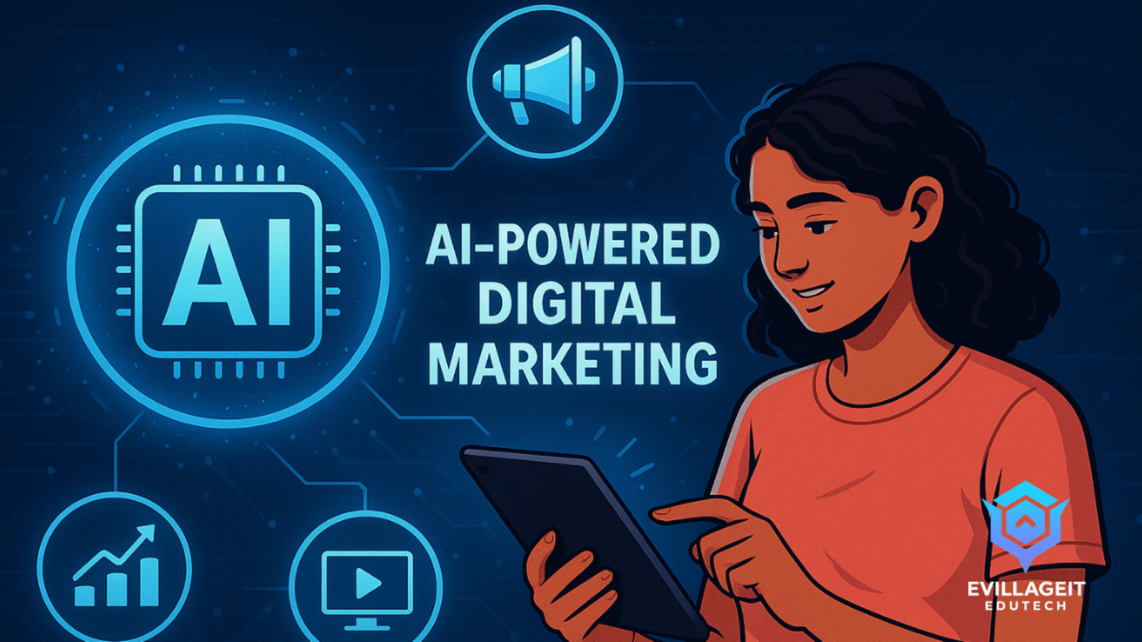 AI-powered digital marketing illustration showing a woman using a tablet with futuristic AI icons like analytics, video marketing, and automation in a blue tech-themed background