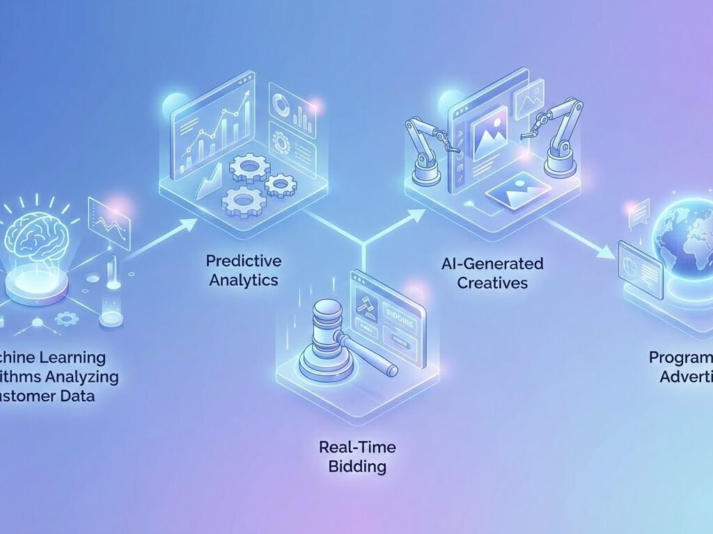 AI in advertising showing predictive analytics, programmatic ads, and marketing automation
