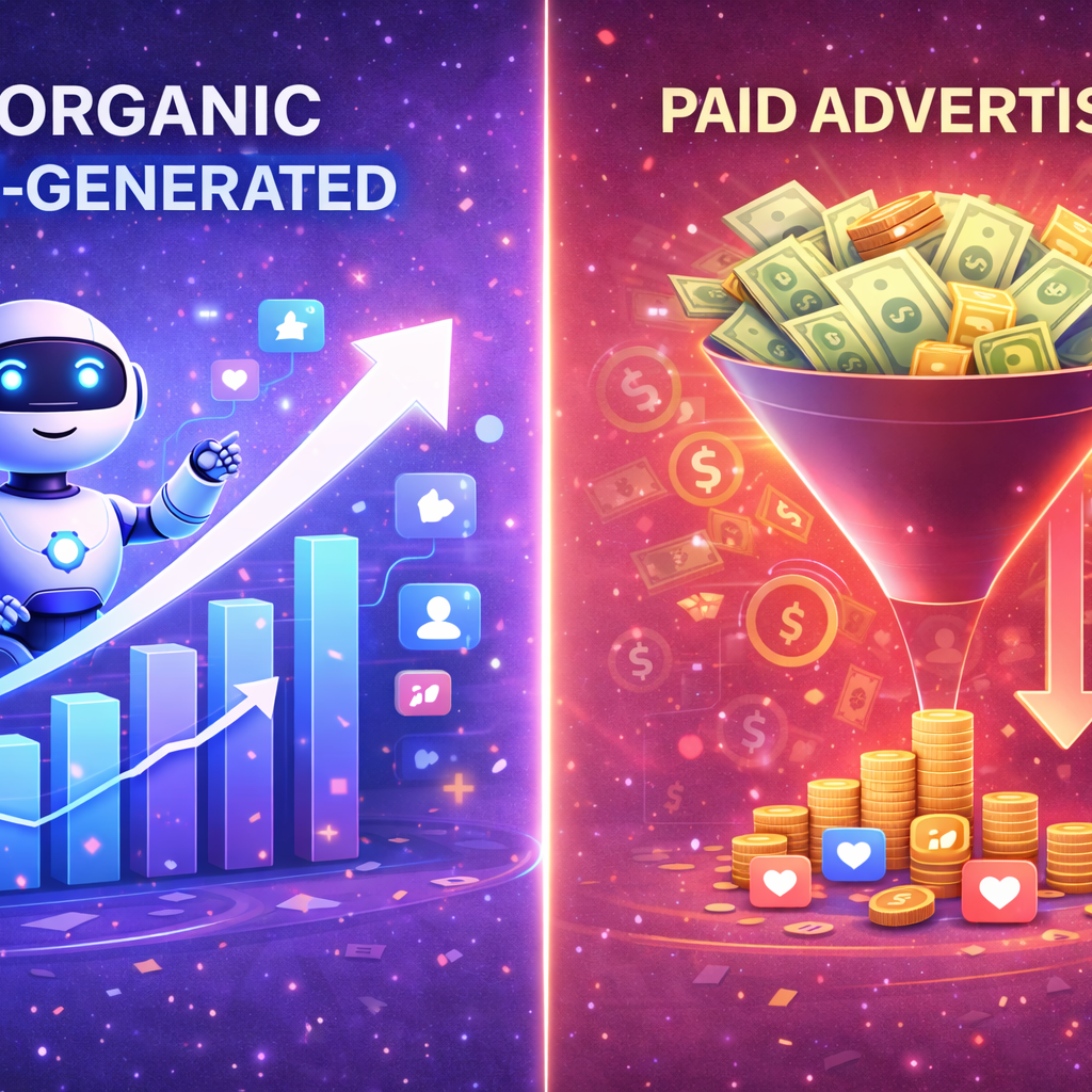 Comparison of AI-powered organic social media growth versus paid advertising costs
