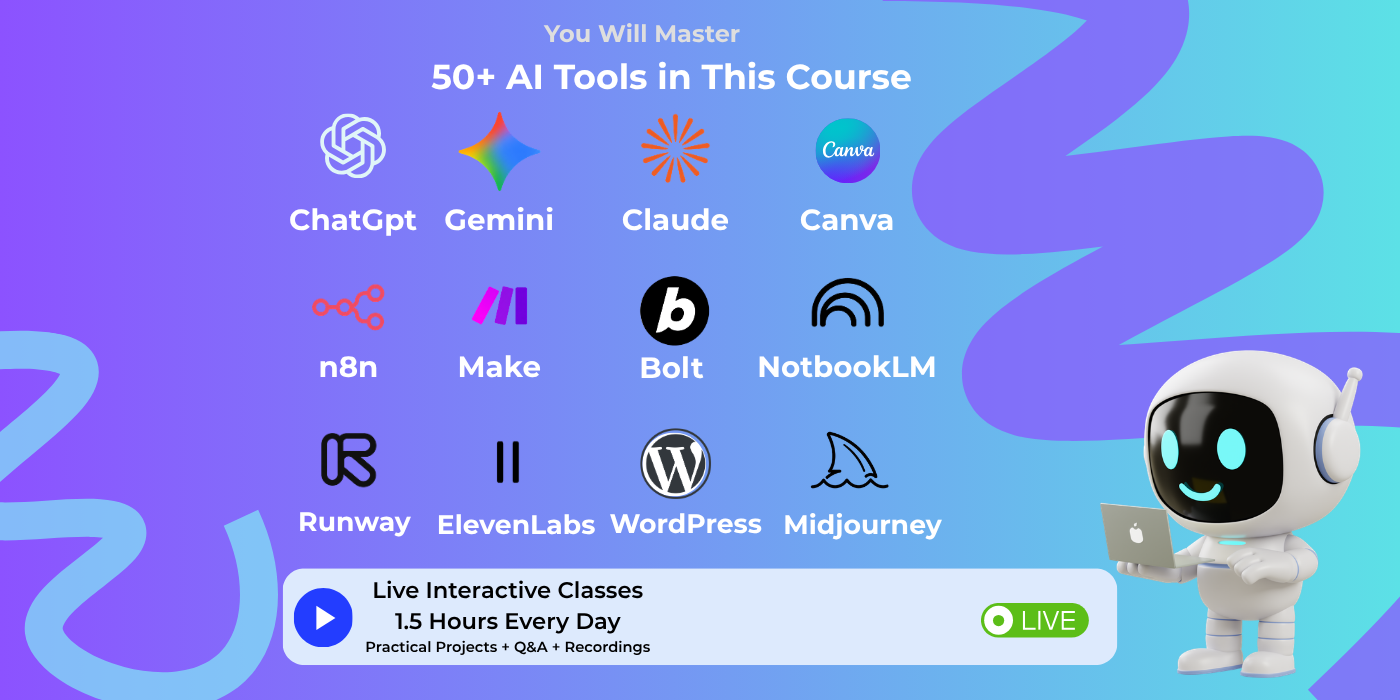 AI Course in Telugu featuring 50+ AI tools including ChatGPT, Gemini, Claude, Canva, WordPress, n8n, and Make