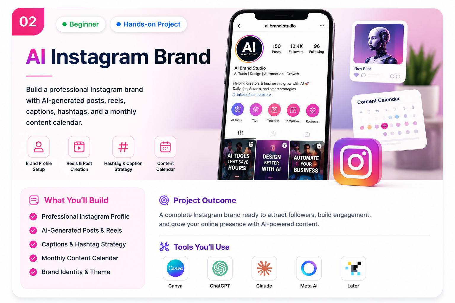AI Instagram Brand project from the AI Course in Telugu featuring AI-generated posts, reels, captions, hashtags, and content calendar.