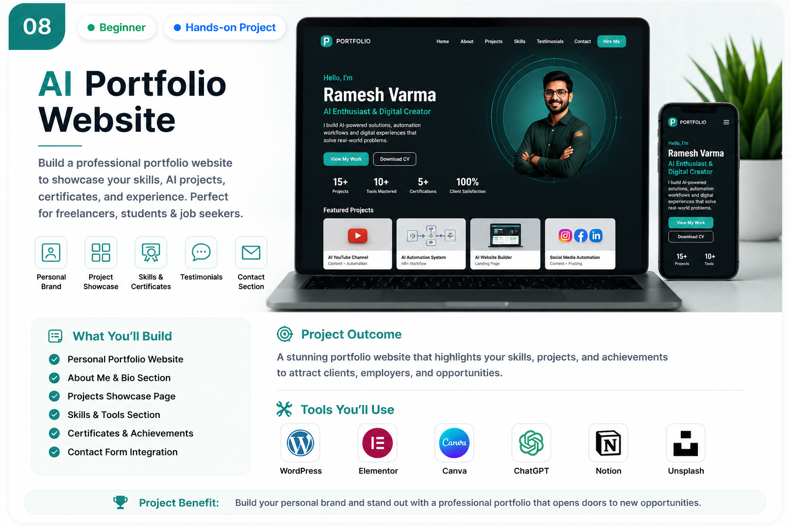 AI Portfolio Website project in the AI Course in Telugu showcasing portfolio design, AI projects, skills, certificates, and professional branding.